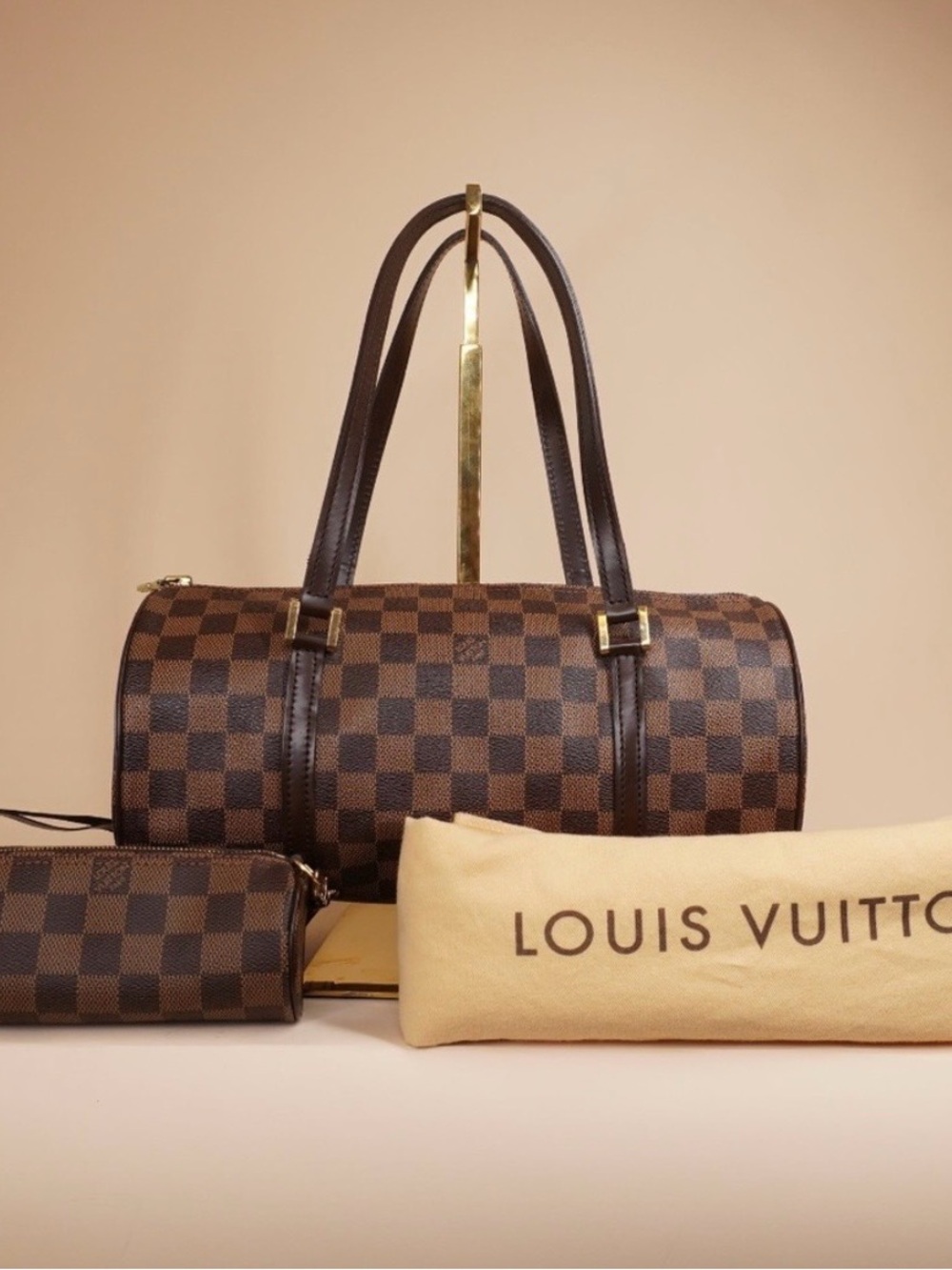 Louis Vuitton Damier Ebene Barrel Tote with Pouch - Dark Brown and Brown